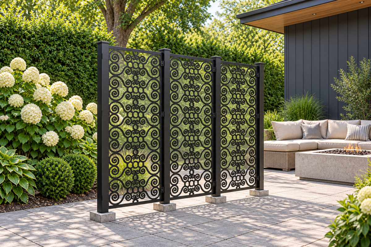 Design 387 Beaded Cloud Column Laser Cut Metal Privacy Screen Panel installed garden daylight view