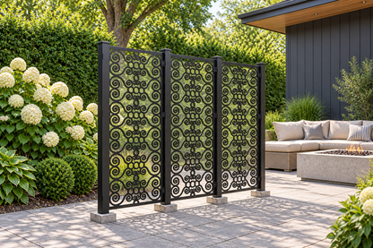 Design 387 Beaded Cloud Column Laser Cut Metal Privacy Screen Panel installed garden daylight view