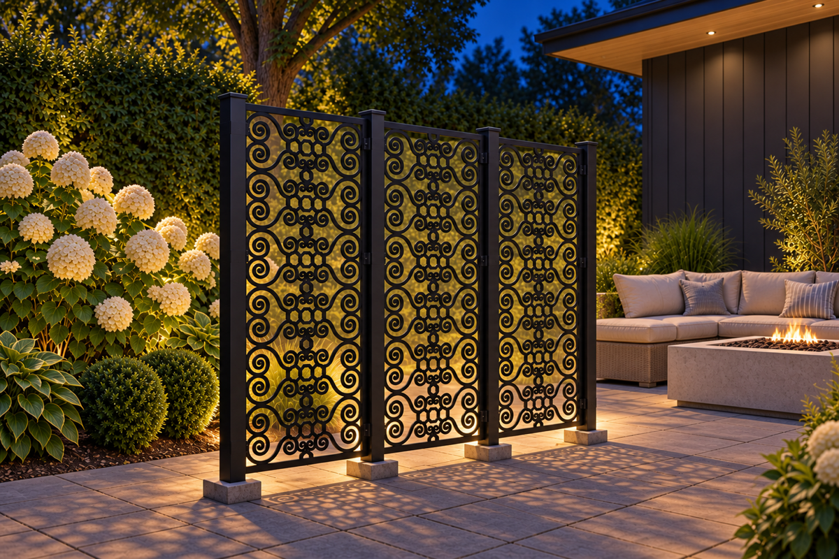 Design 387 Beaded Cloud Column Laser Cut Metal Privacy Screen Panel installed garden night lighting view
