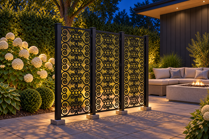 Design 387 Beaded Cloud Column Laser Cut Metal Privacy Screen Panel installed garden night lighting view