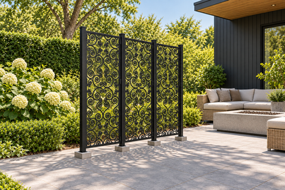 Design 388 Butterfly Spiral Scroll Laser Cut Metal Privacy Screen Panel installed garden daylight view