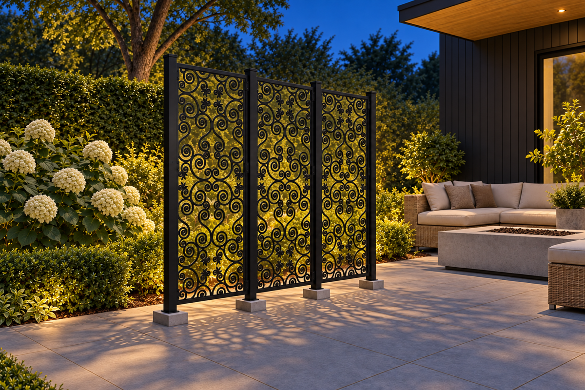 Design 388 Butterfly Spiral Scroll Laser Cut Metal Privacy Screen Panel installed garden night lighting view