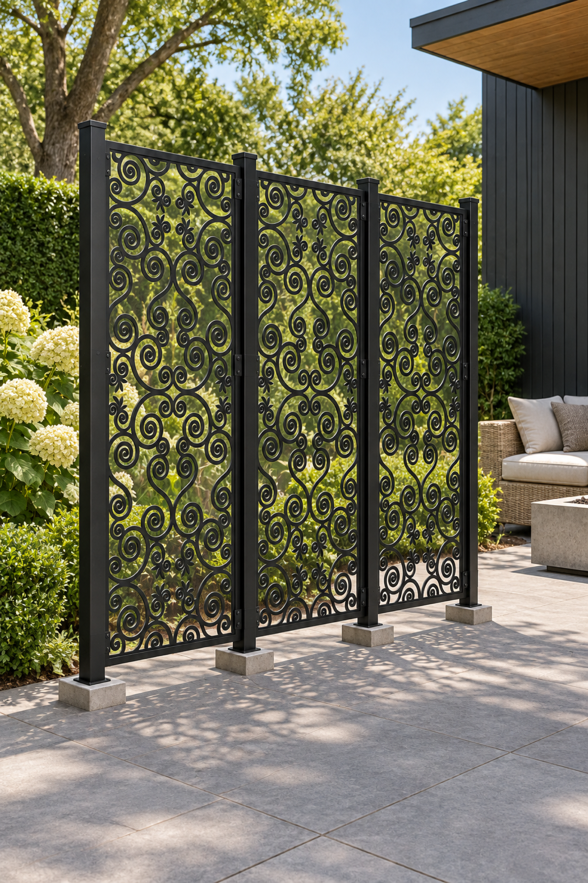Design 388 Butterfly Spiral Scroll Laser Cut Metal Privacy Screen Panel oblique angle view