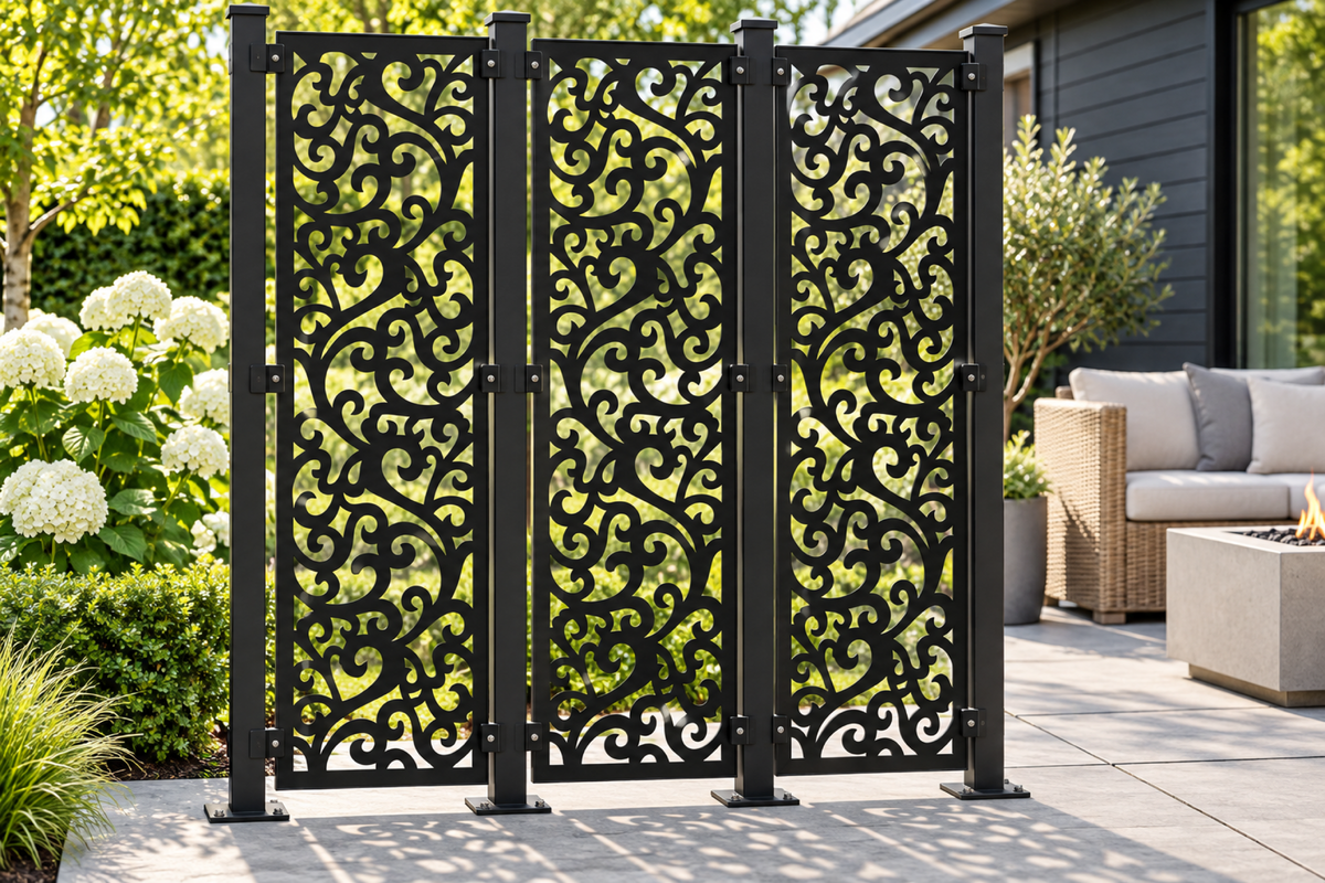 Design 389 Dense Leaf Scroll Laser Cut Metal Privacy Screen Panel installed garden daylight view