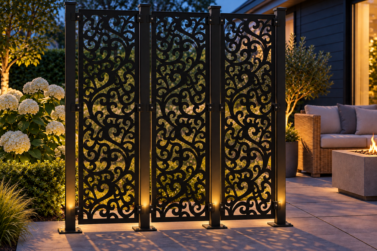 Design 389 Dense Leaf Scroll Laser Cut Metal Privacy Screen Panel installed garden night lighting view