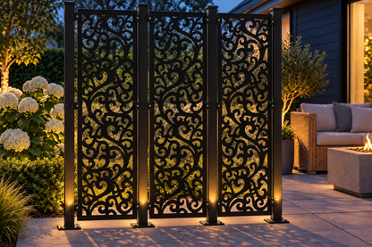 Design 389 Dense Leaf Scroll Laser Cut Metal Privacy Screen Panel installed garden night lighting view