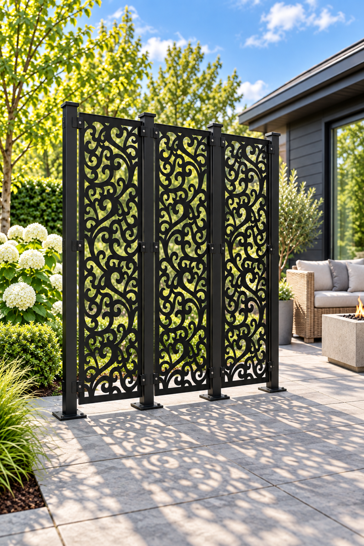 Design 389 Dense Leaf Scroll Laser Cut Metal Privacy Screen Panel oblique angle view