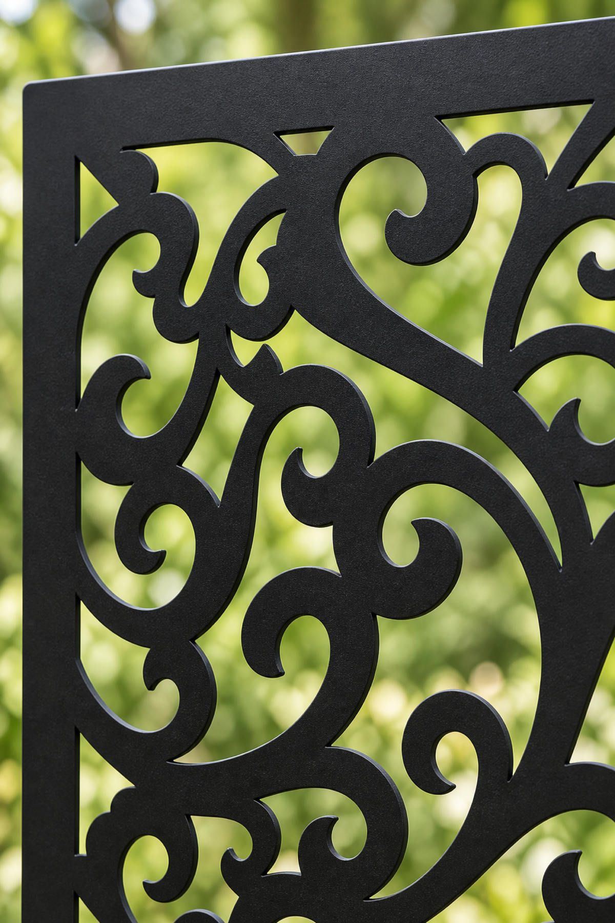 Design 389 Dense Leaf Scroll Laser Cut Metal Privacy Screen Panel close-up detail view