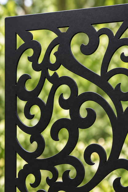 Design 389 Dense Leaf Scroll Laser Cut Metal Privacy Screen Panel close-up detail view