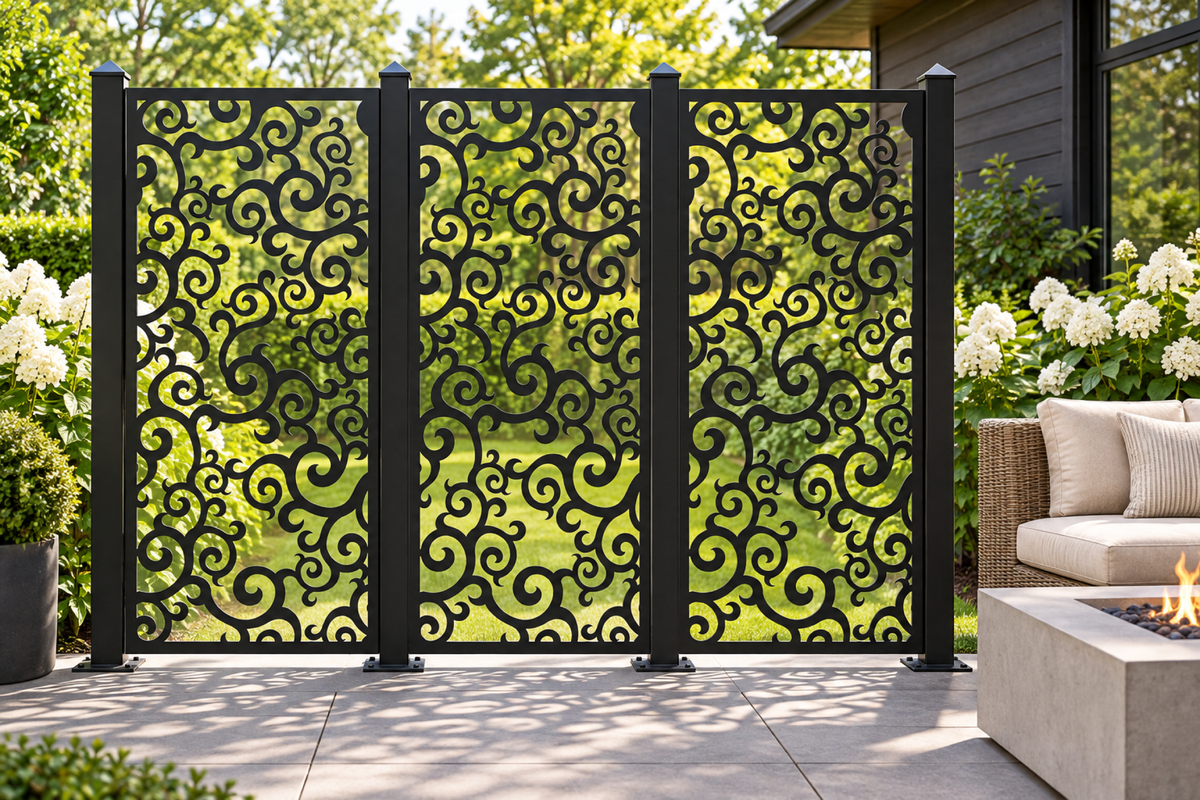 Design 390 Rolling Vine Cloud Laser Cut Metal Privacy Screen Panel installed garden daylight view