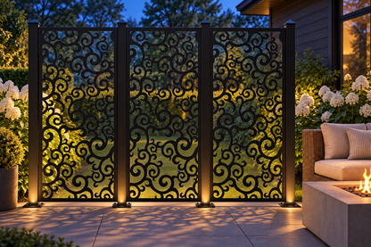 Design 390 Rolling Vine Cloud Laser Cut Metal Privacy Screen Panel installed garden night lighting view