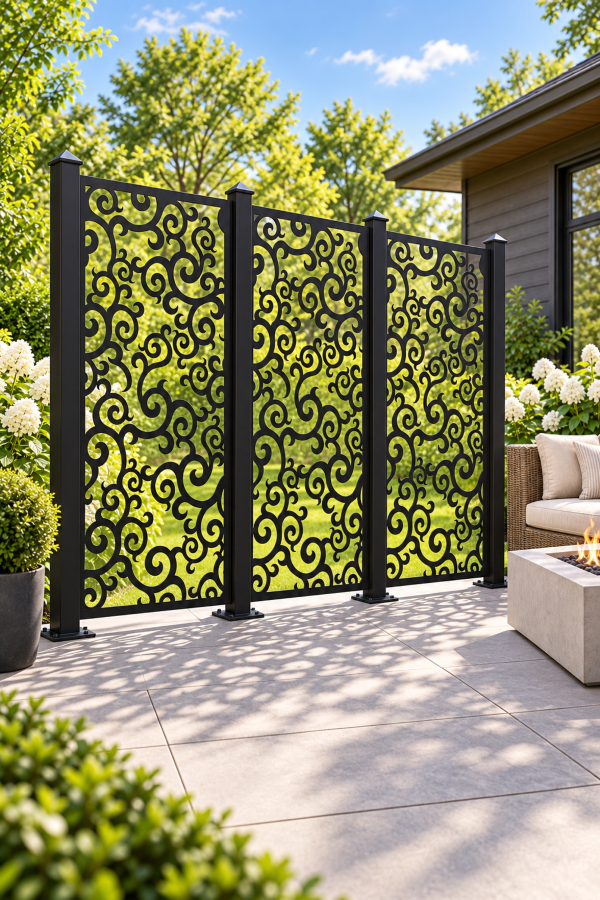 Design 390 Rolling Vine Cloud Laser Cut Metal Privacy Screen Panel oblique angle view
