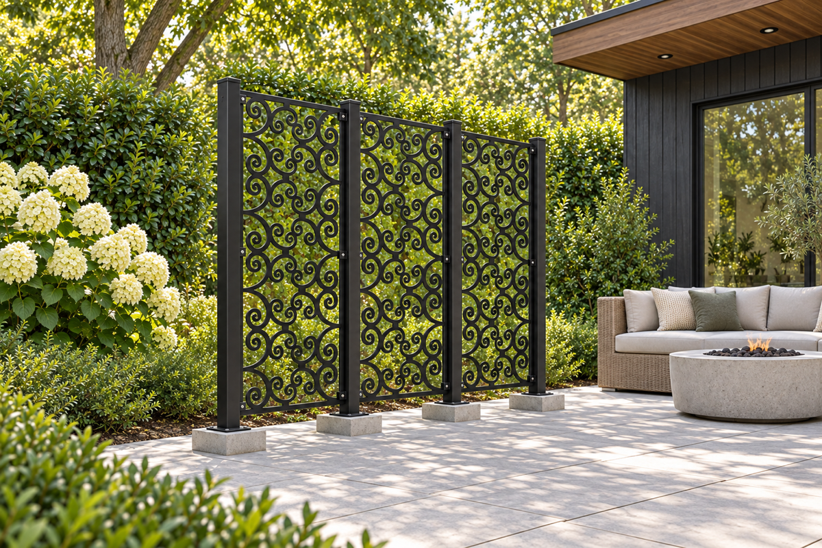 Design 391 Open Double Curl Laser Cut Metal Privacy Screen Panel installed garden daylight view