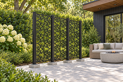 Design 391 Open Double Curl Laser Cut Metal Privacy Screen Panel installed garden daylight view