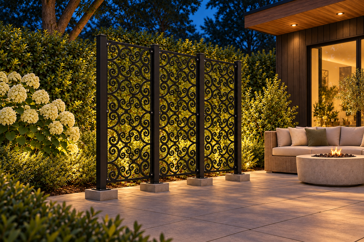 Design 391 Open Double Curl Laser Cut Metal Privacy Screen Panel installed garden night lighting view