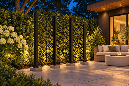 Design 391 Open Double Curl Laser Cut Metal Privacy Screen Panel installed garden night lighting view