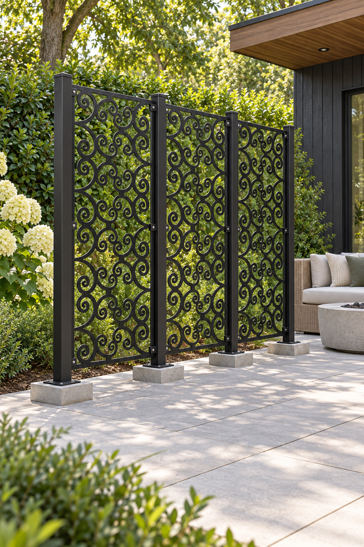 Design 391 Open Double Curl Laser Cut Metal Privacy Screen Panel oblique angle view