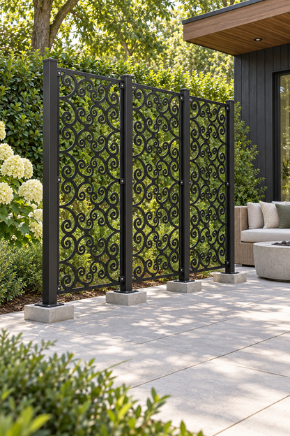 Design 391 Open Double Curl Laser Cut Metal Privacy Screen Panel oblique angle view