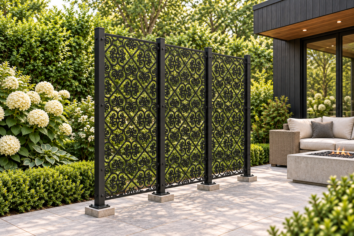 Design 392 Fleur Diamond Trellis Laser Cut Metal Privacy Screen Panel installed garden daylight view