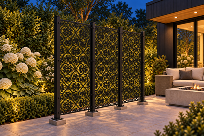 Design 392 Fleur Diamond Trellis Laser Cut Metal Privacy Screen Panel installed garden night lighting view