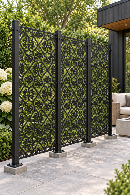 Design 392 Fleur Diamond Trellis Laser Cut Metal Privacy Screen Panel oblique angle view