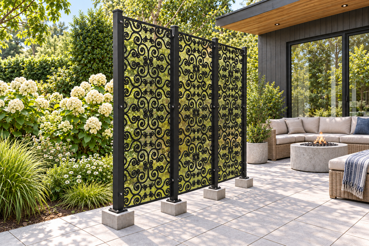 Design 393 Joined Spiral Rows Laser Cut Metal Privacy Screen Panel installed garden daylight view
