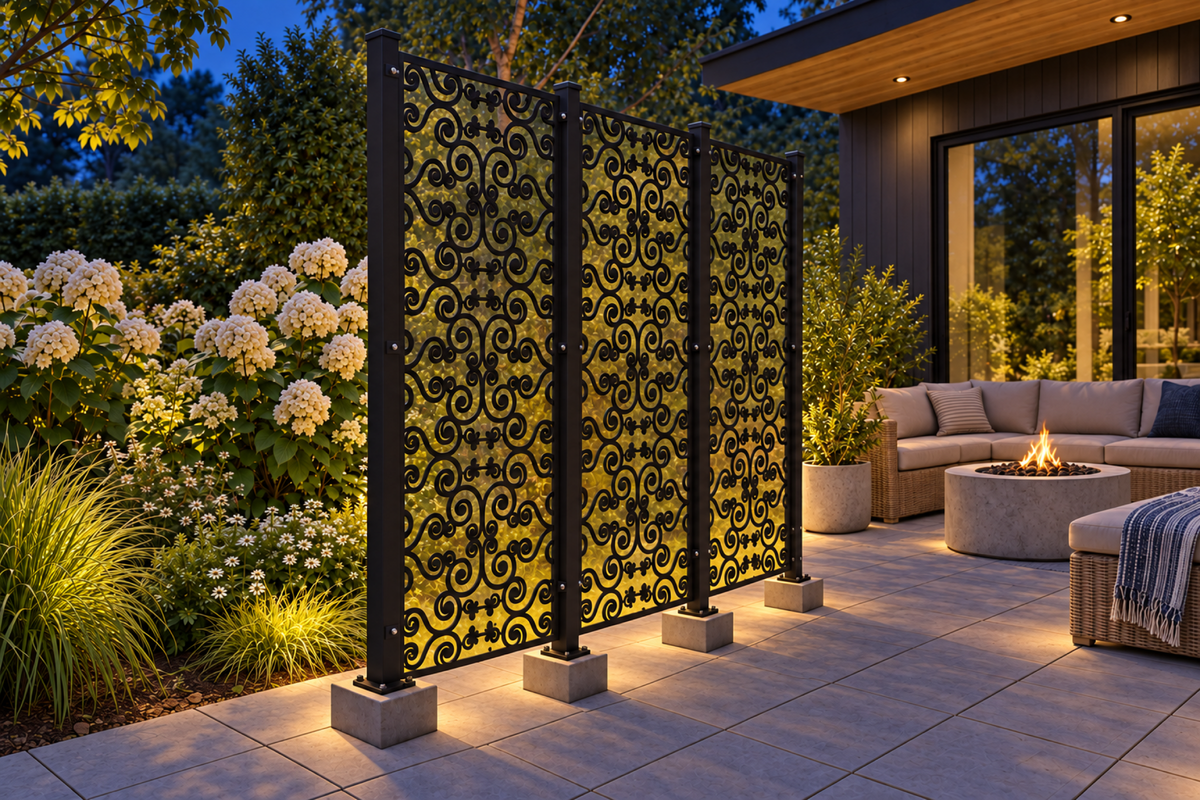 Design 393 Joined Spiral Rows Laser Cut Metal Privacy Screen Panel installed garden night lighting view