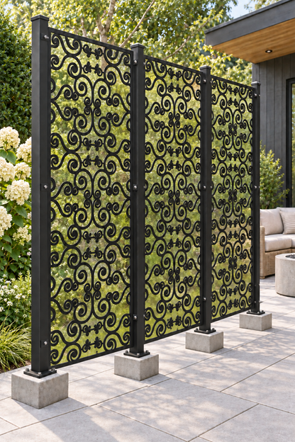 Design 393 Joined Spiral Rows Laser Cut Metal Privacy Screen Panel oblique angle view