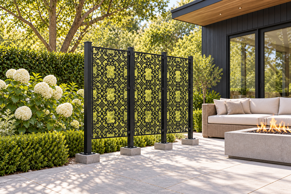 Design 394 Curved Diamond Filigree Laser Cut Metal Privacy Screen Panel installed garden daylight view