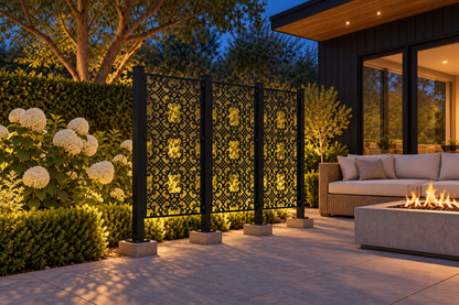 Design 394 Curved Diamond Filigree Laser Cut Metal Privacy Screen Panel installed garden night lighting view
