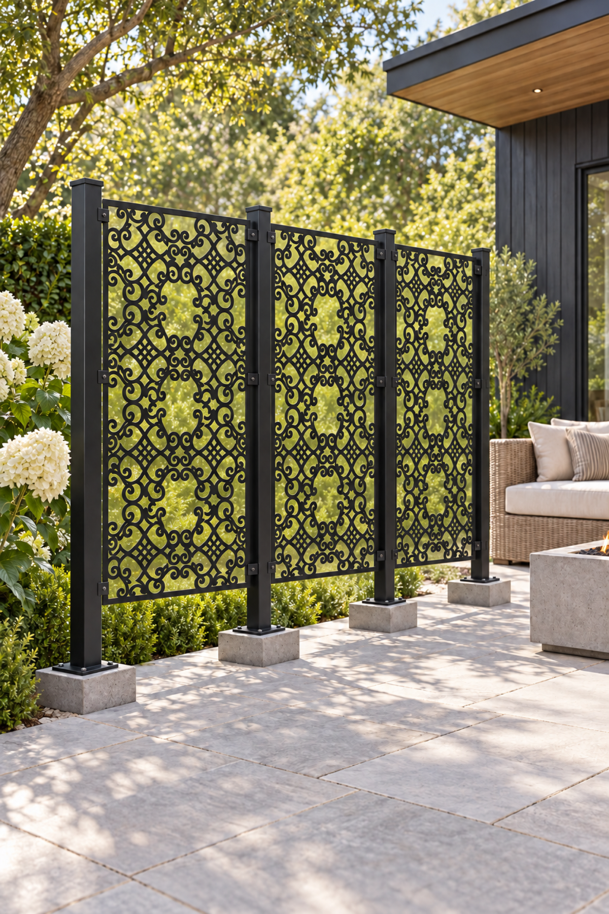 Design 394 Curved Diamond Filigree Laser Cut Metal Privacy Screen Panel oblique angle view