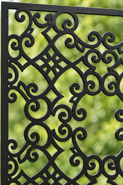 Design 394 Curved Diamond Filigree Laser Cut Metal Privacy Screen Panel close-up detail view