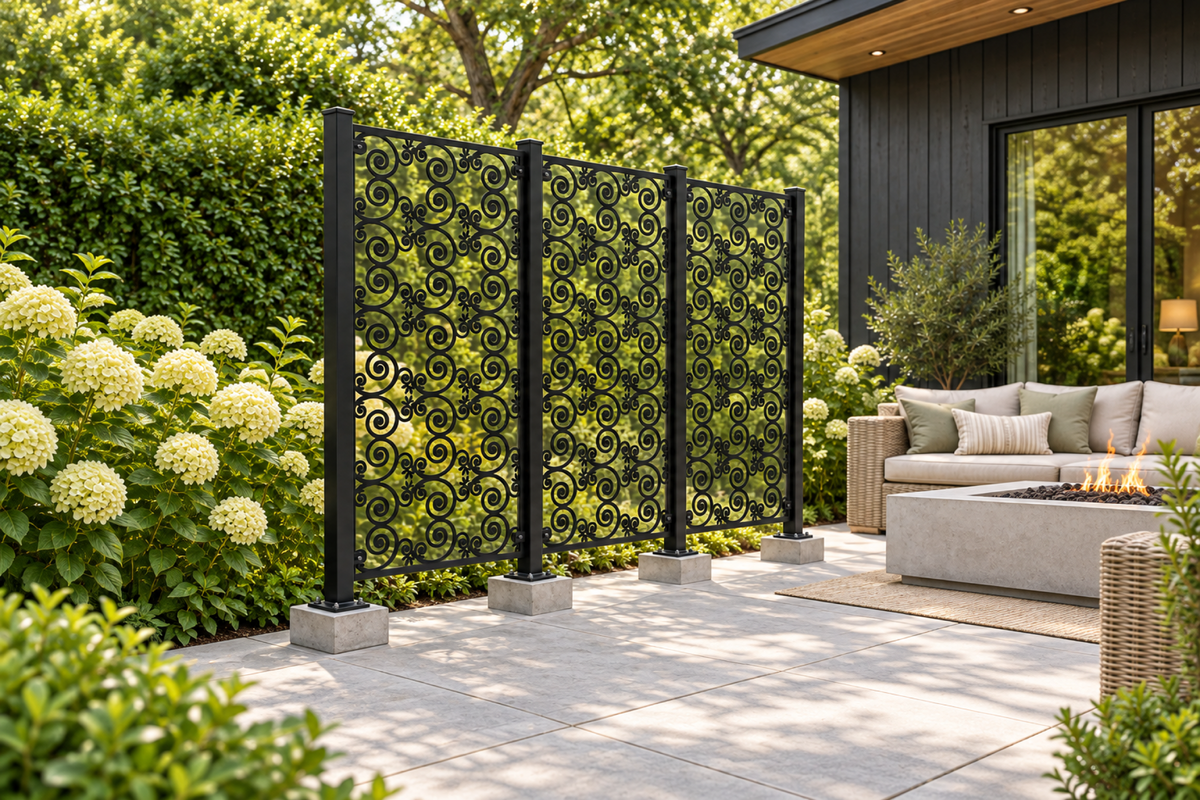 Design 395 Butterfly Scroll Rows Laser Cut Metal Privacy Screen Panel installed garden daylight view