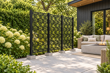 Design 395 Butterfly Scroll Rows Laser Cut Metal Privacy Screen Panel installed garden daylight view