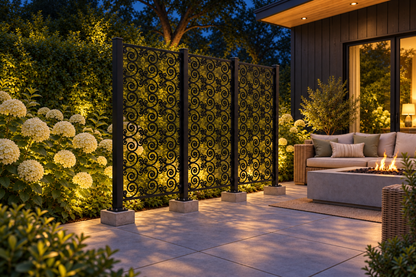 Design 395 Butterfly Scroll Rows Laser Cut Metal Privacy Screen Panel installed garden night lighting view