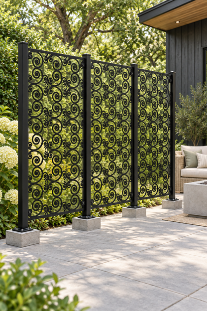 Design 395 Butterfly Scroll Rows Laser Cut Metal Privacy Screen Panel oblique angle view