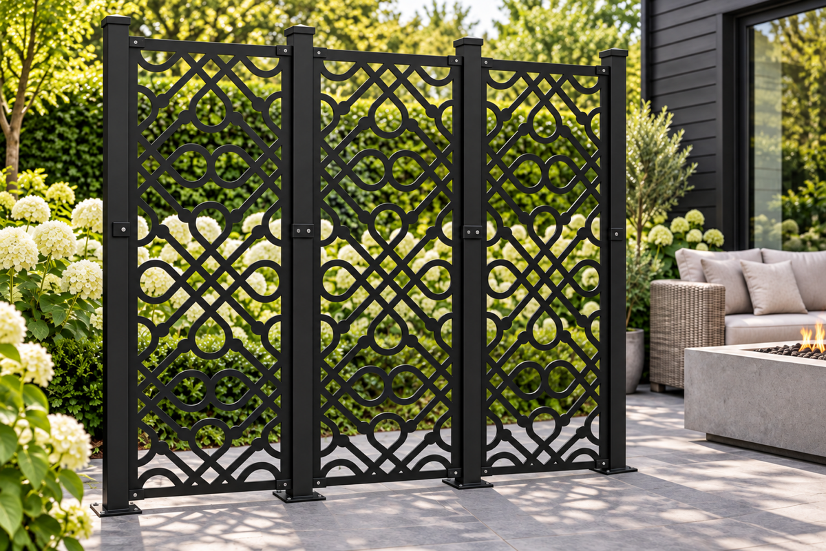 Design 396 Diamond Circle Lattice Laser Cut Metal Privacy Screen Panel installed garden daylight view