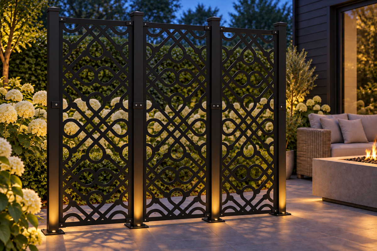 Design 396 Diamond Circle Lattice Laser Cut Metal Privacy Screen Panel installed garden night lighting view