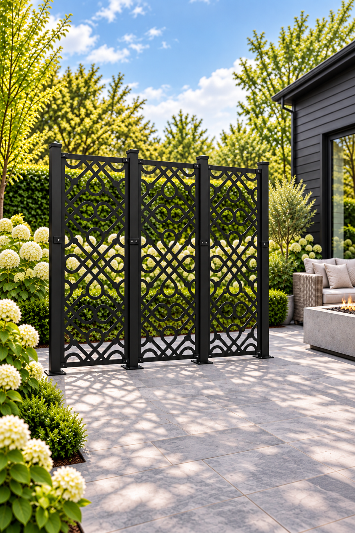 Design 396 Diamond Circle Lattice Laser Cut Metal Privacy Screen Panel oblique angle view