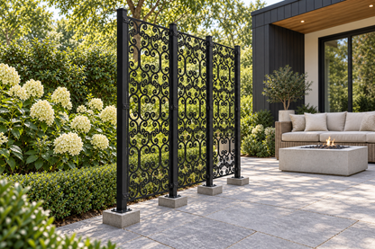 Design 397 Stacked Ruyi Scroll Laser Cut Metal Privacy Screen Panel installed garden daylight view