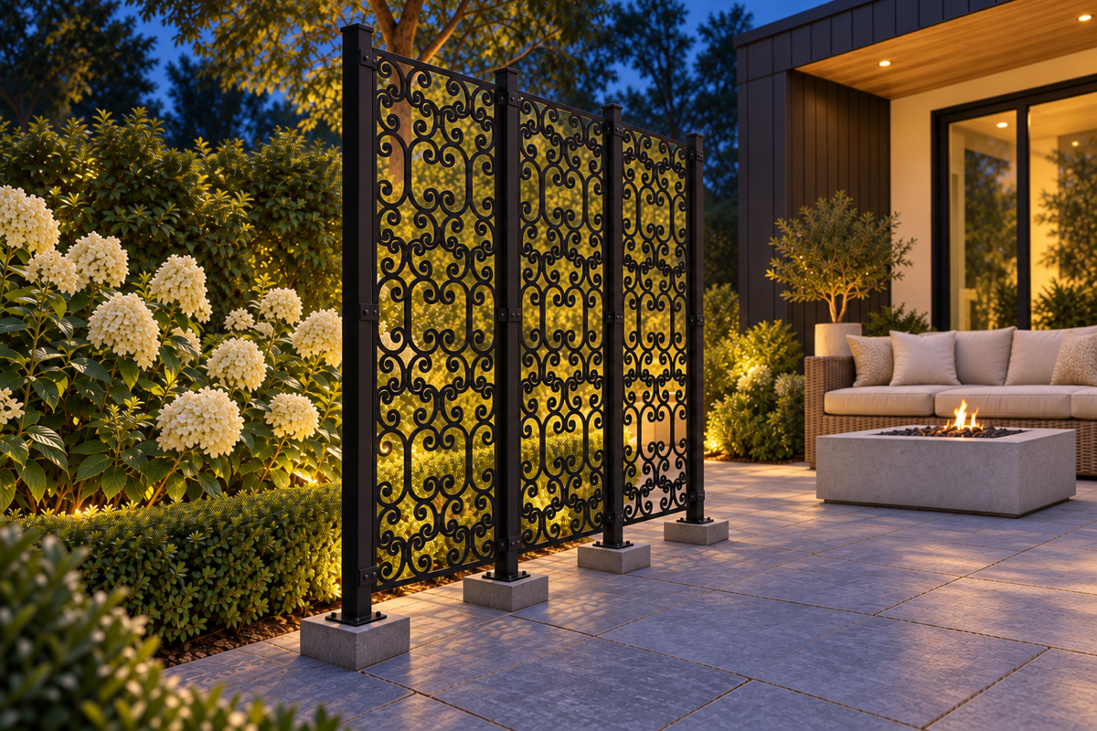 Design 397 Stacked Ruyi Scroll Laser Cut Metal Privacy Screen Panel installed garden night lighting view