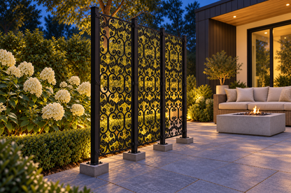 Design 397 Stacked Ruyi Scroll Laser Cut Metal Privacy Screen Panel installed garden night lighting view