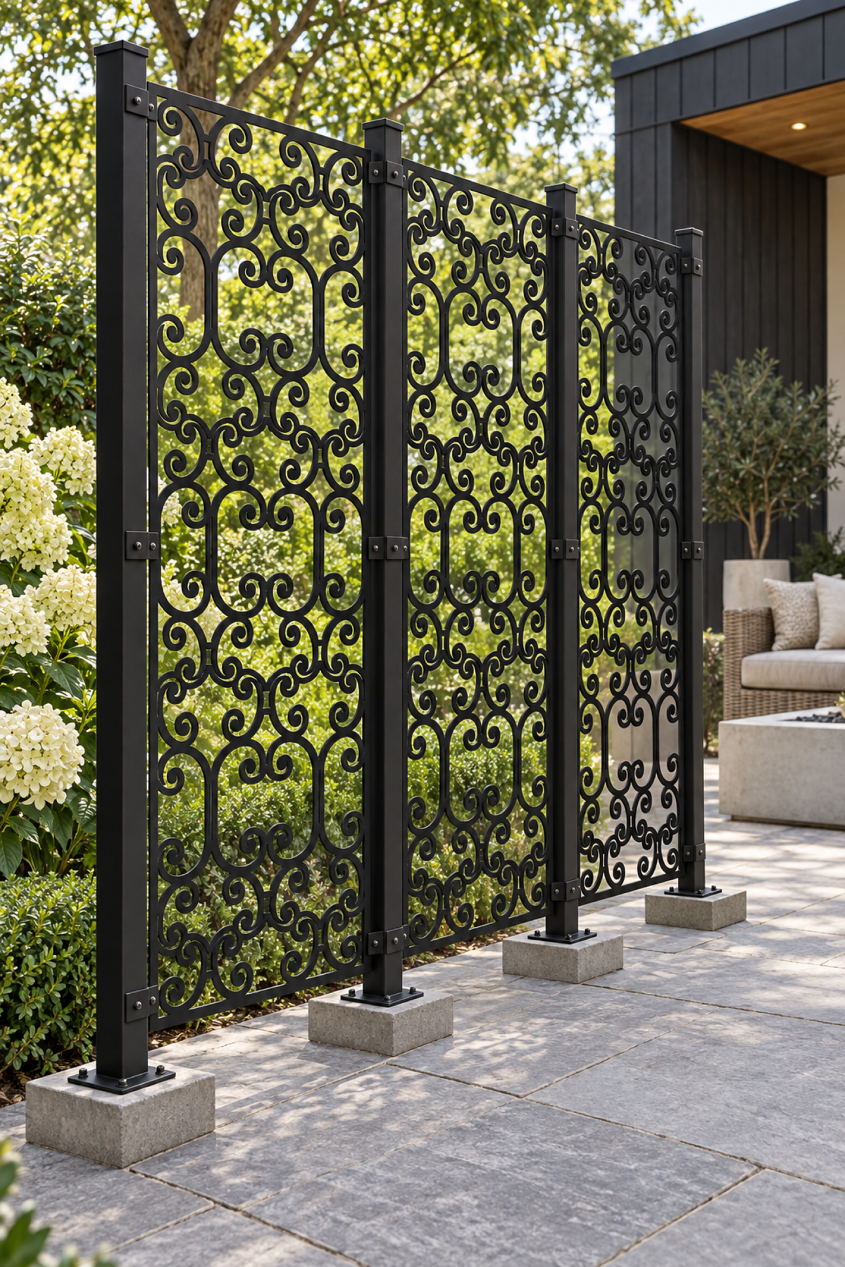 Design 397 Stacked Ruyi Scroll Laser Cut Metal Privacy Screen Panel oblique angle view
