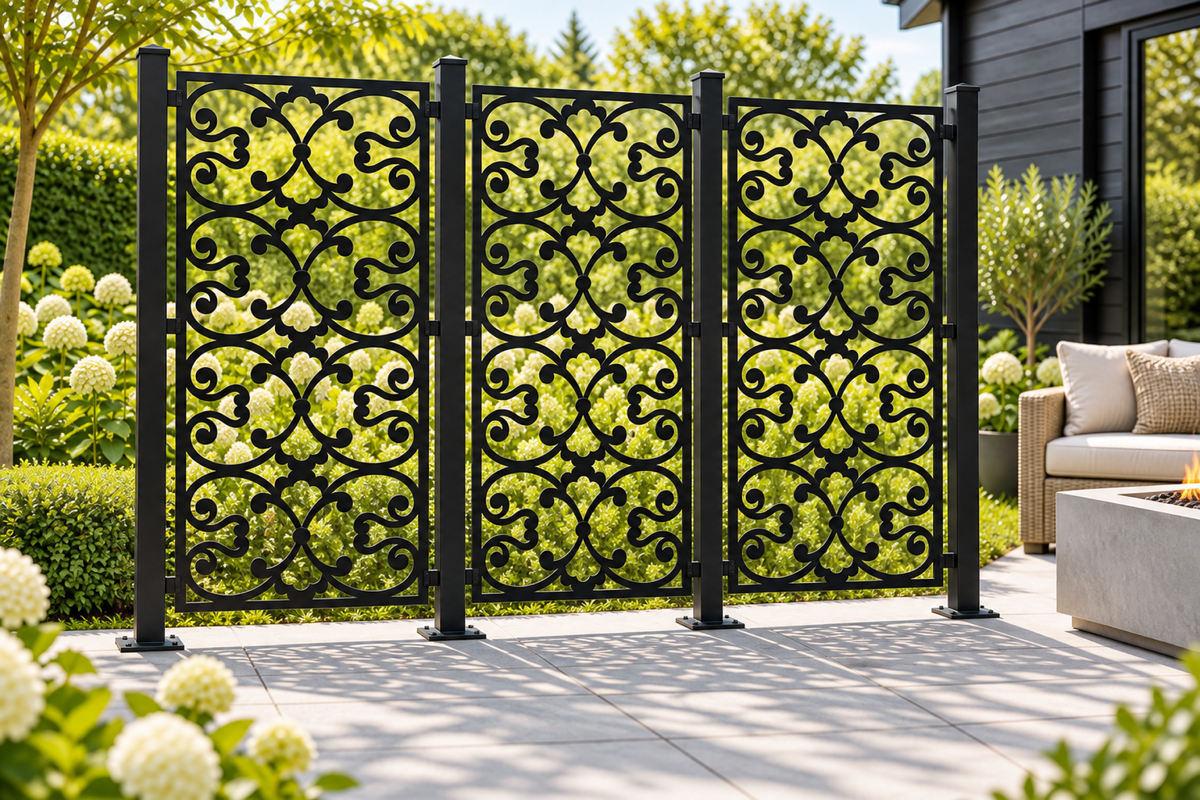 Design 398 Bell Fleur Lattice Laser Cut Metal Privacy Screen Panel installed garden daylight view