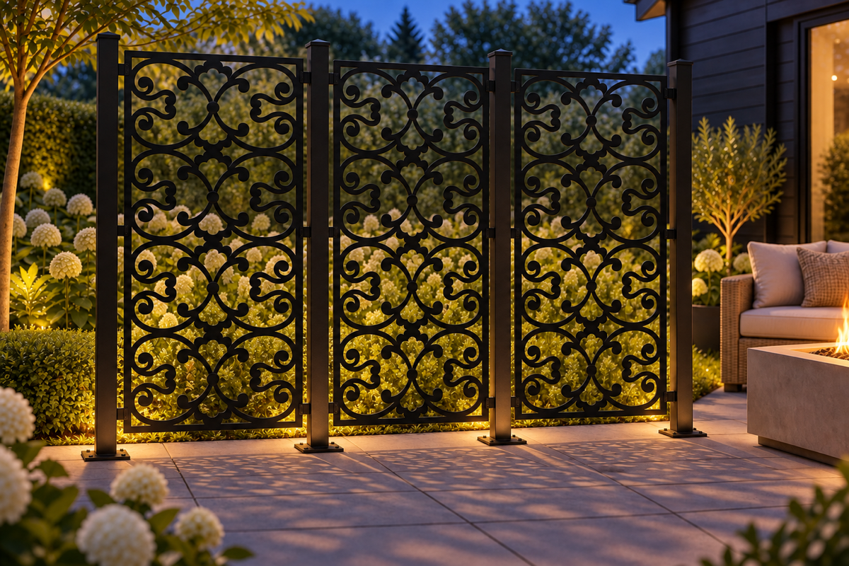 Design 398 Bell Fleur Lattice Laser Cut Metal Privacy Screen Panel installed garden night lighting view