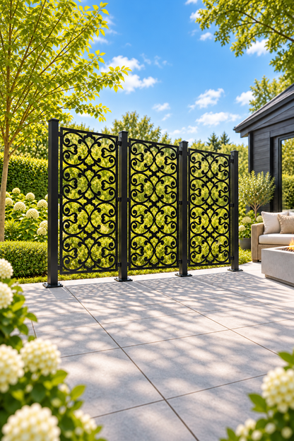 Design 398 Bell Fleur Lattice Laser Cut Metal Privacy Screen Panel oblique angle view