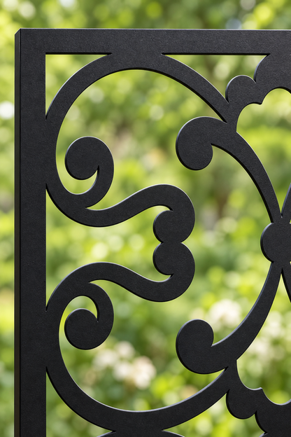 Design 398 Bell Fleur Lattice Laser Cut Metal Privacy Screen Panel close-up detail view