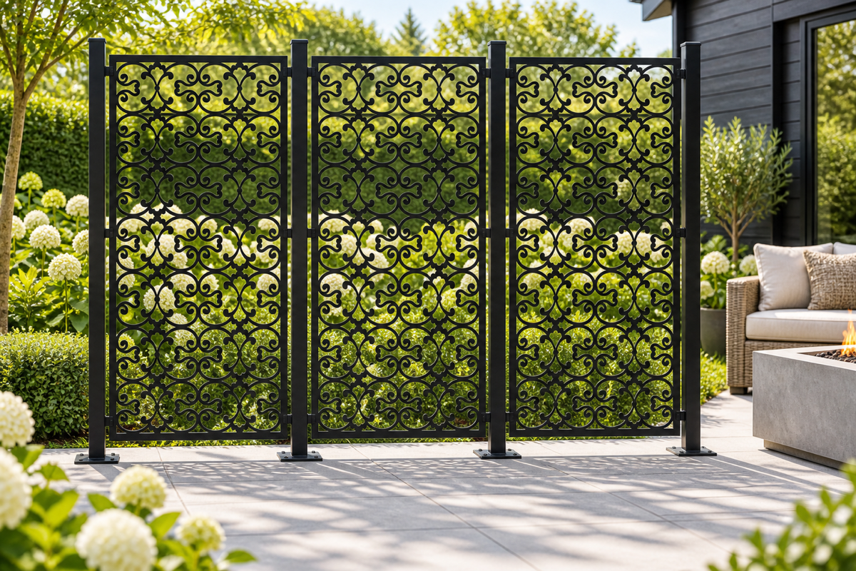Design 399 Fine Curl Trellis Laser Cut Metal Privacy Screen Panel installed garden daylight view