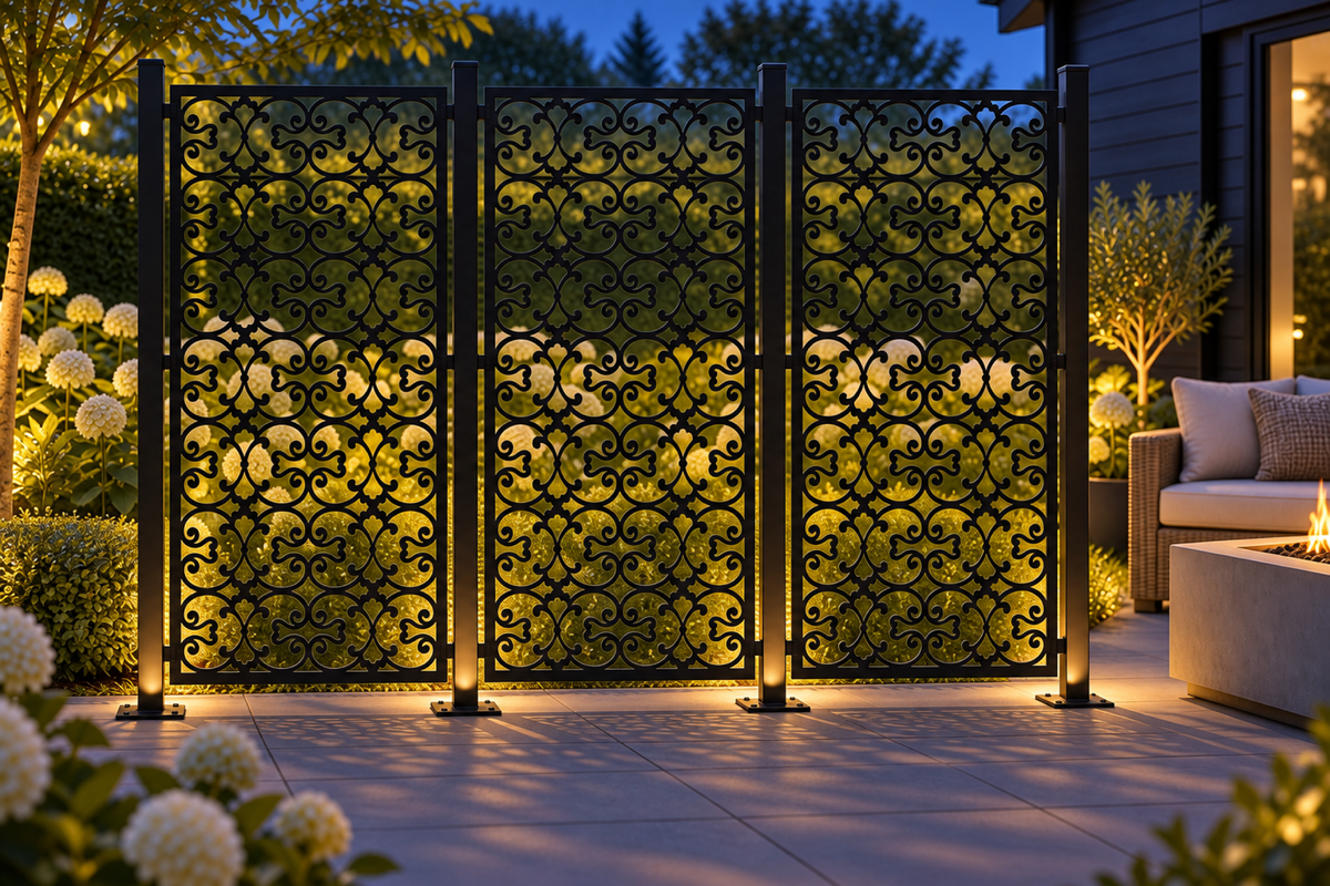 Design 399 Fine Curl Trellis Laser Cut Metal Privacy Screen Panel installed garden night lighting view