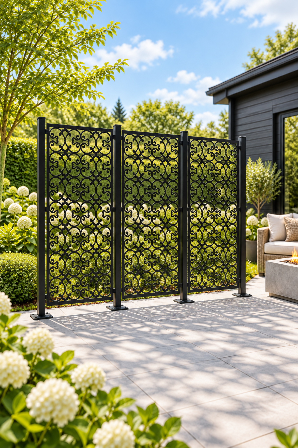 Design 399 Fine Curl Trellis Laser Cut Metal Privacy Screen Panel oblique angle view